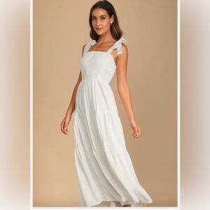 Lulu's Dreams of Sunshine White Lace Tie-Strap Tiered Maxi Dress